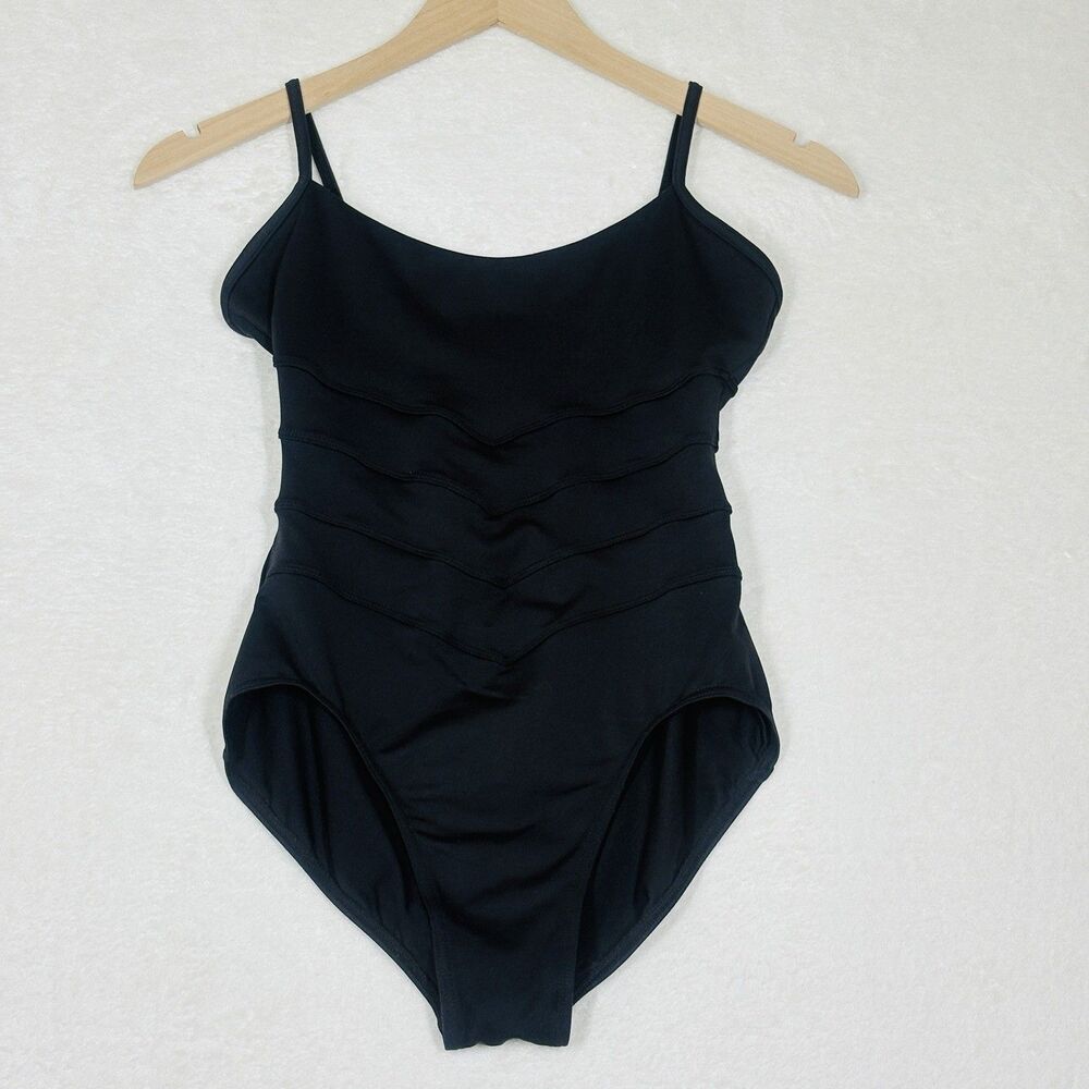 Mirella Dance Leotard Womens M Black Chevron Pleated Front Back Open Straps